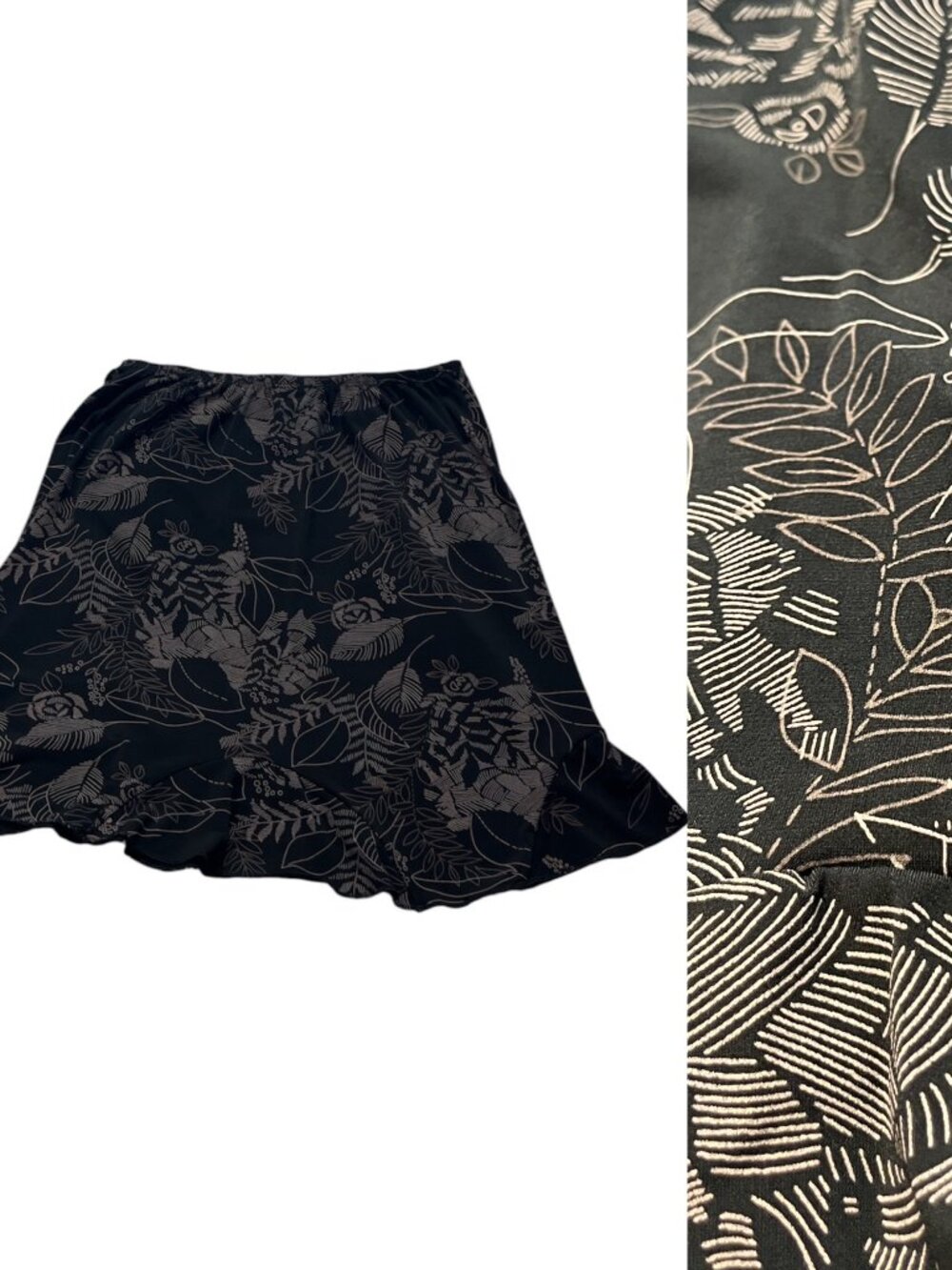 JKLA CALIFORNIA Skirt Floral on Black Serged Hem Size Small Elastic Waist